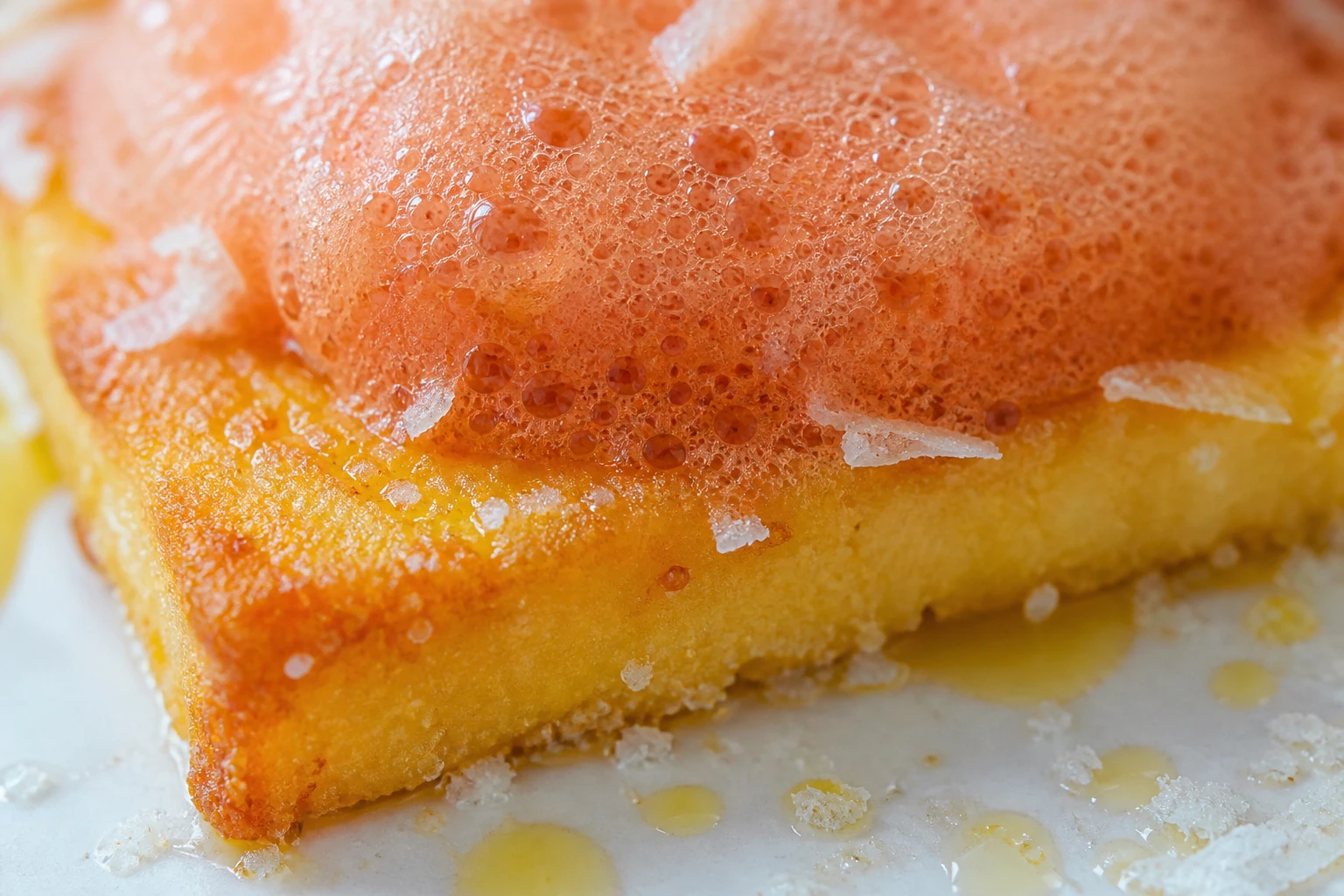 Tomato foam rests on the crisp golden edge of a Parmesan polenta rectangle.
