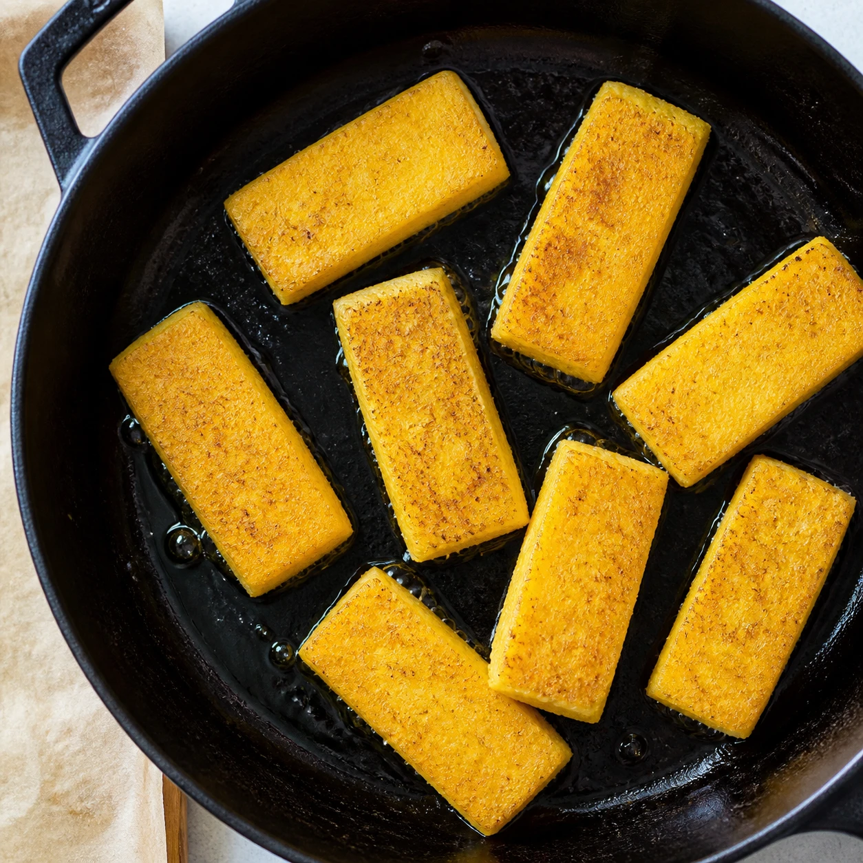 Polenta rectangles with golden surfaces sear in a dark skillet.