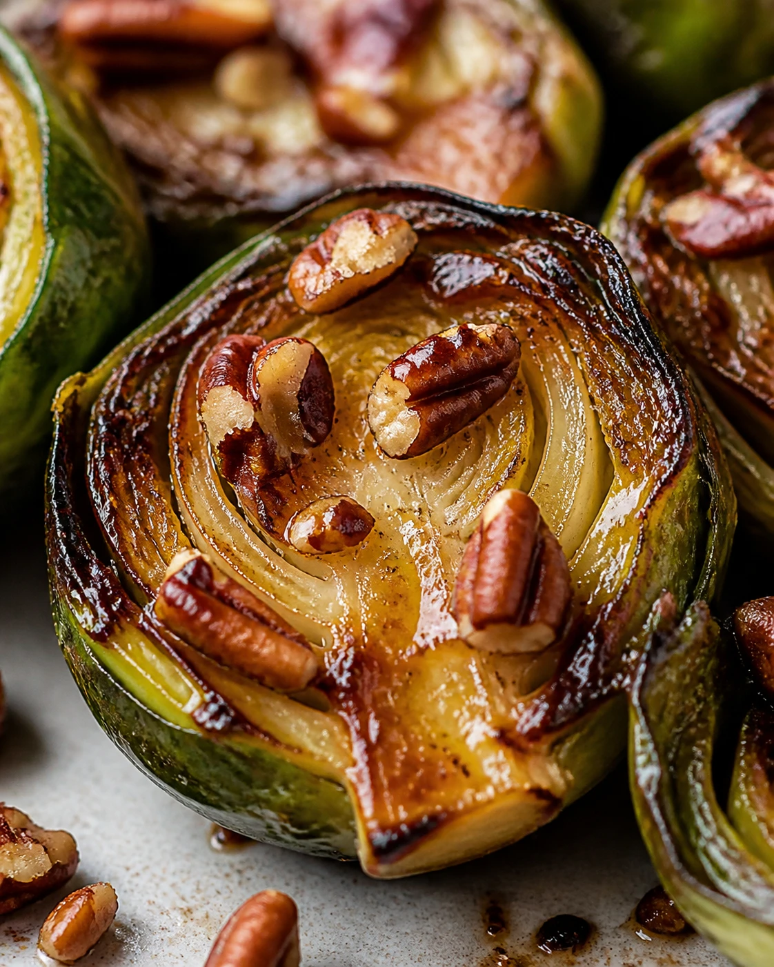 A caramelized Brussels sprout cut face with glossy maple-Dijon glaze and toasted pecan pieces.