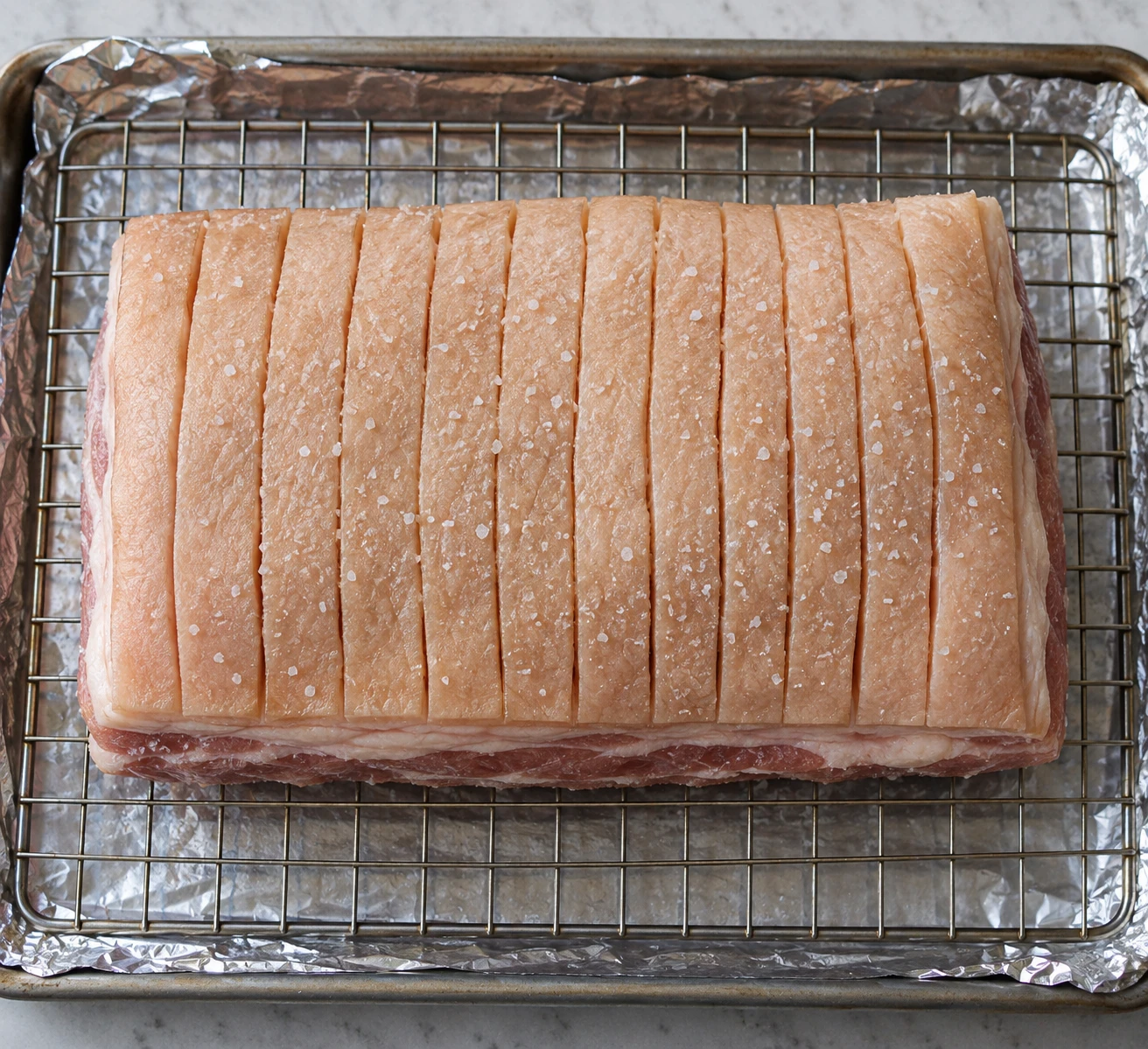Dry scored pork belly sits skin side up on a wire rack before slow-roasting.