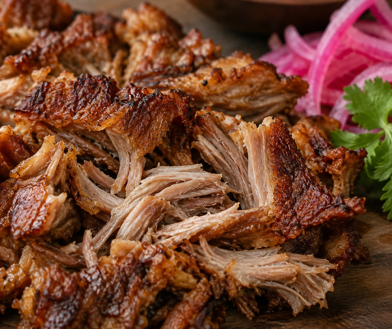 Deeply browned crisp edges surround succulent strands of finished pork carnitas.