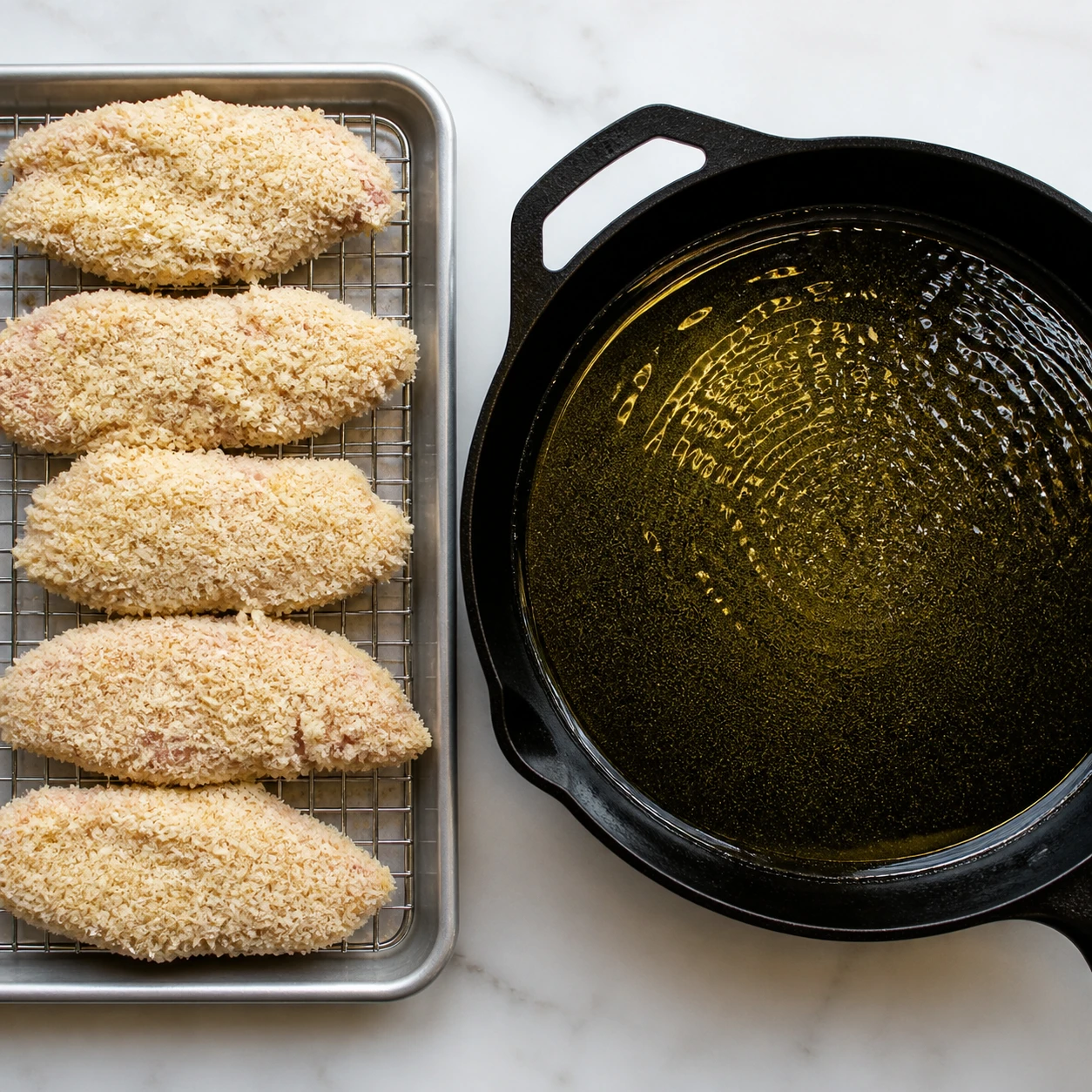 Panko-breaded chicken cutlets wait beside a skillet of hot oil before frying.