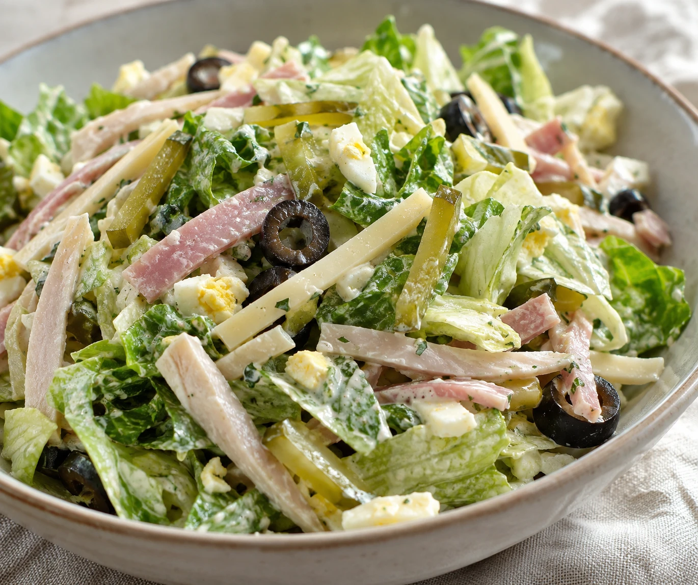 A close view shows crisp lettuce lightly coated around distinct deli, pickle, and olive strips.