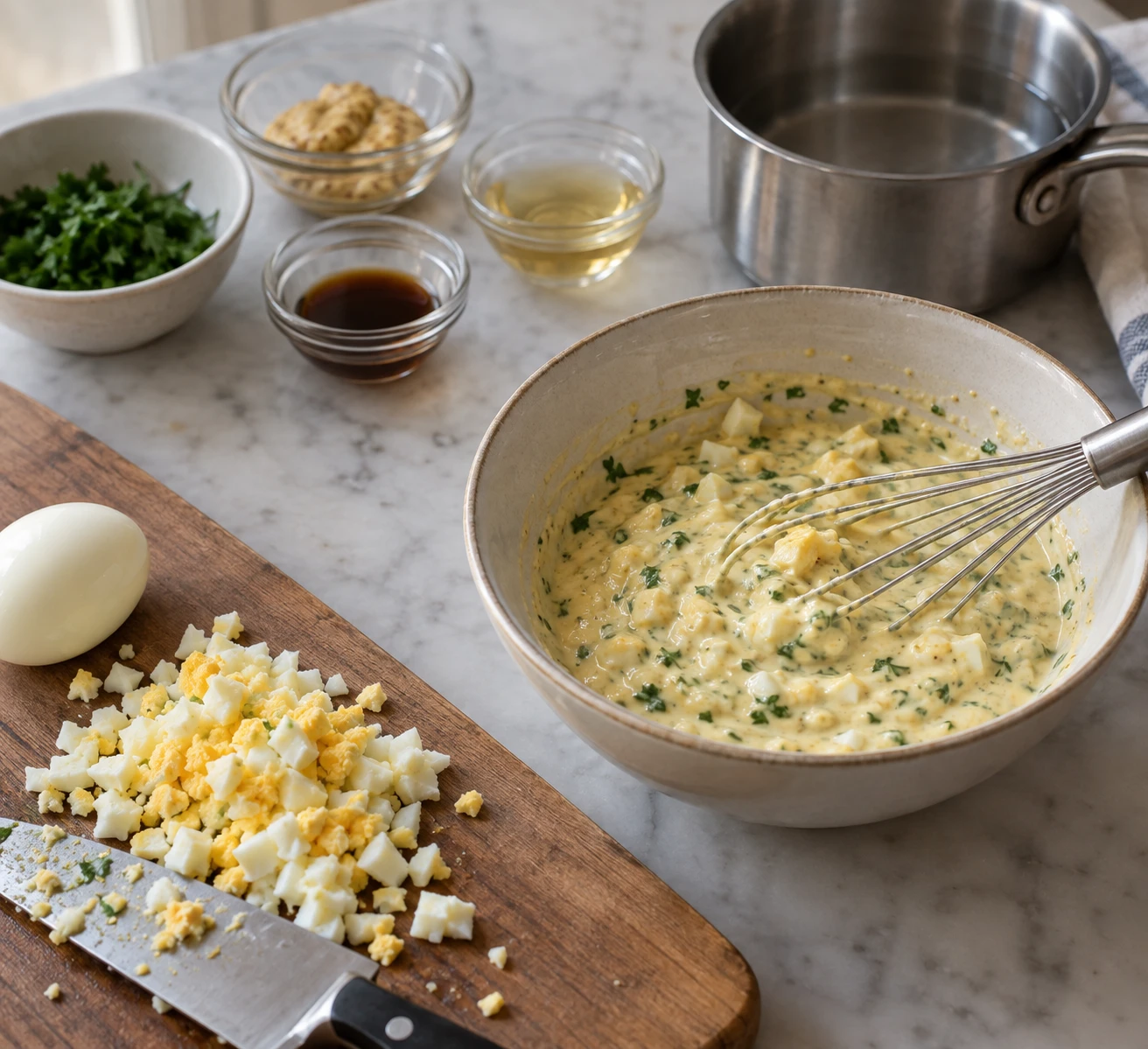 Finely chopped hard-cooked egg, parsley, mayonnaise, and pickle brine form a thick dressing in a bowl.