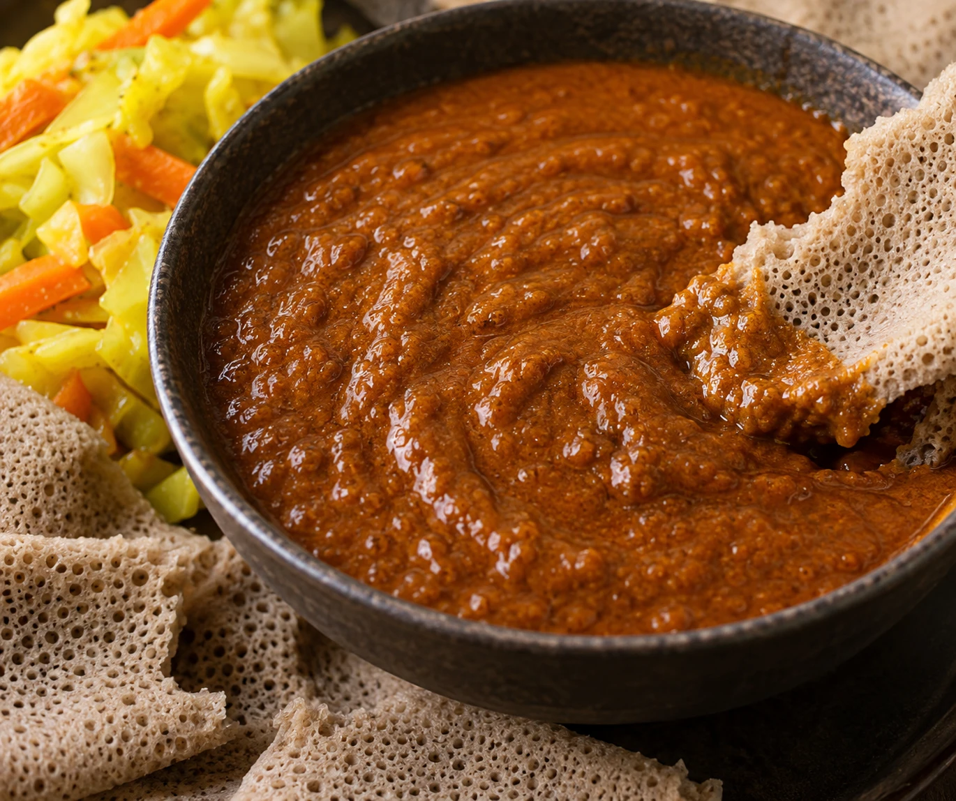 Glossy velvety shiro wat clings to torn injera beside a small portion of bright cabbage salad.