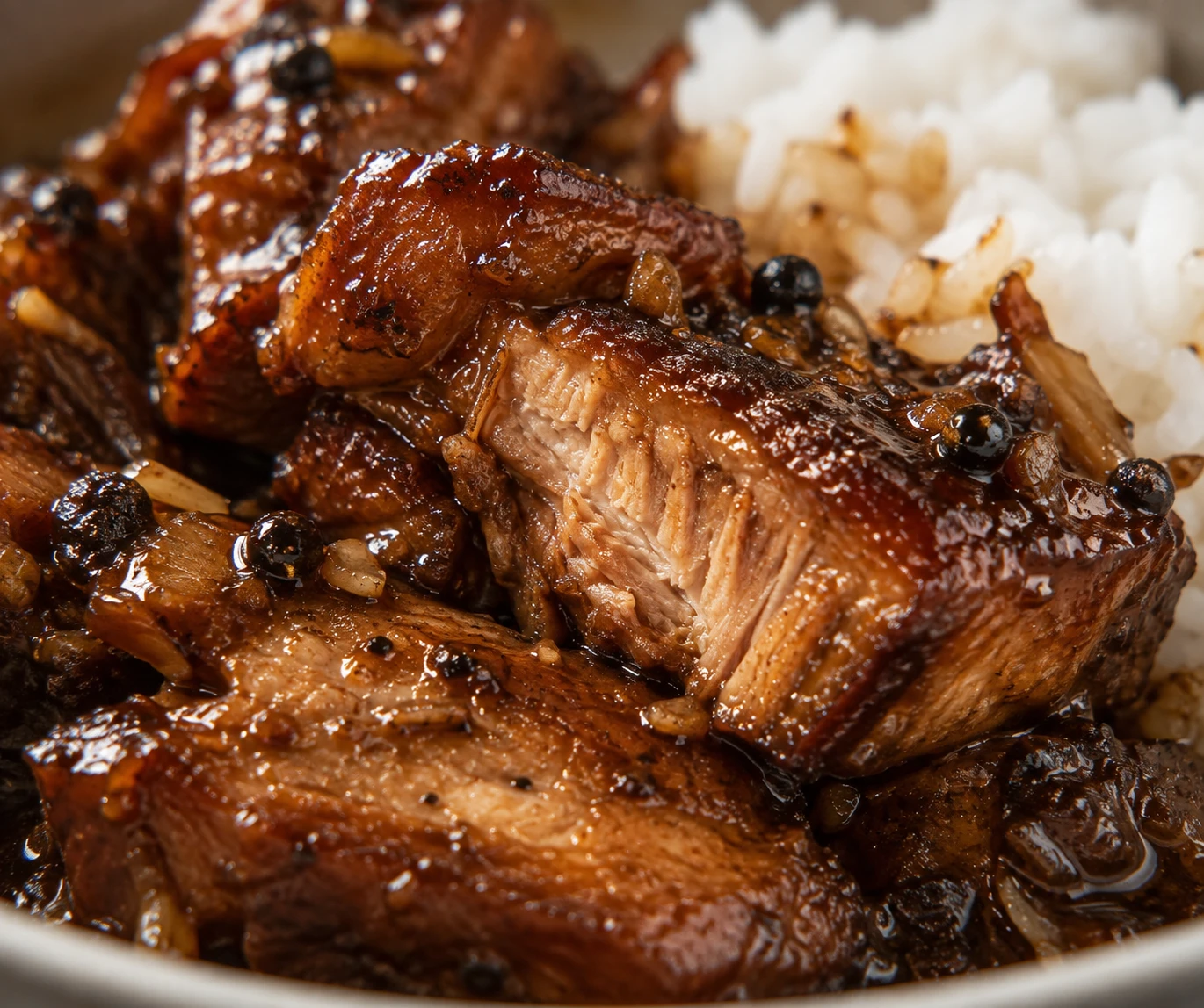 A tender piece of pork adobo is lacquered with glossy dark sauce beside grains of steamed rice.