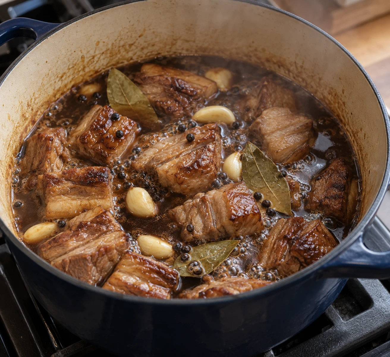 Browned pork simmers with garlic, bay leaves, and peppercorns in dark adobo braising liquid.