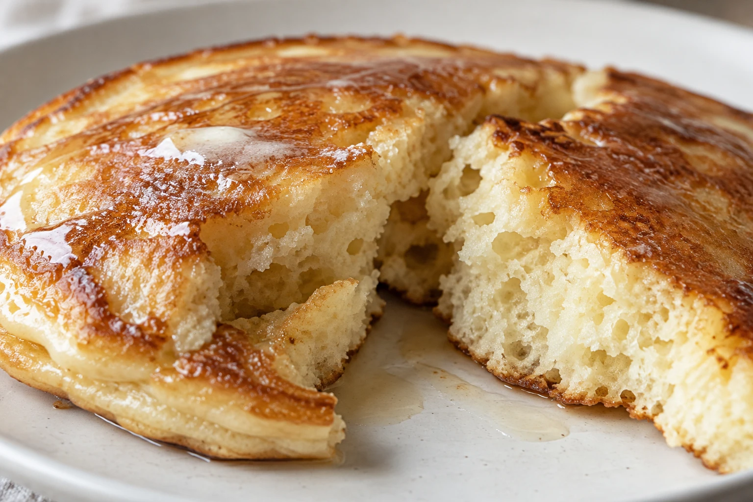 A split golden pancake shows its fluffy airy center and lightly crisp buttery edge.