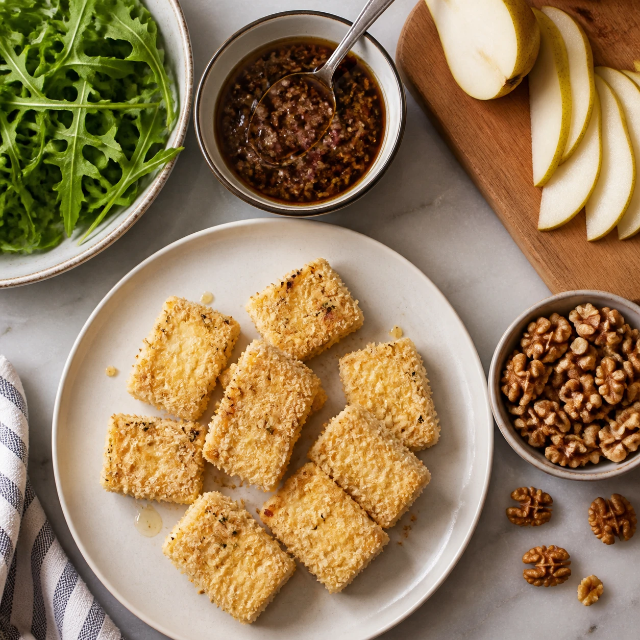 Panko-coated feta, toasted walnuts, and garlic-shallot dressing are arranged for assembling the salad.