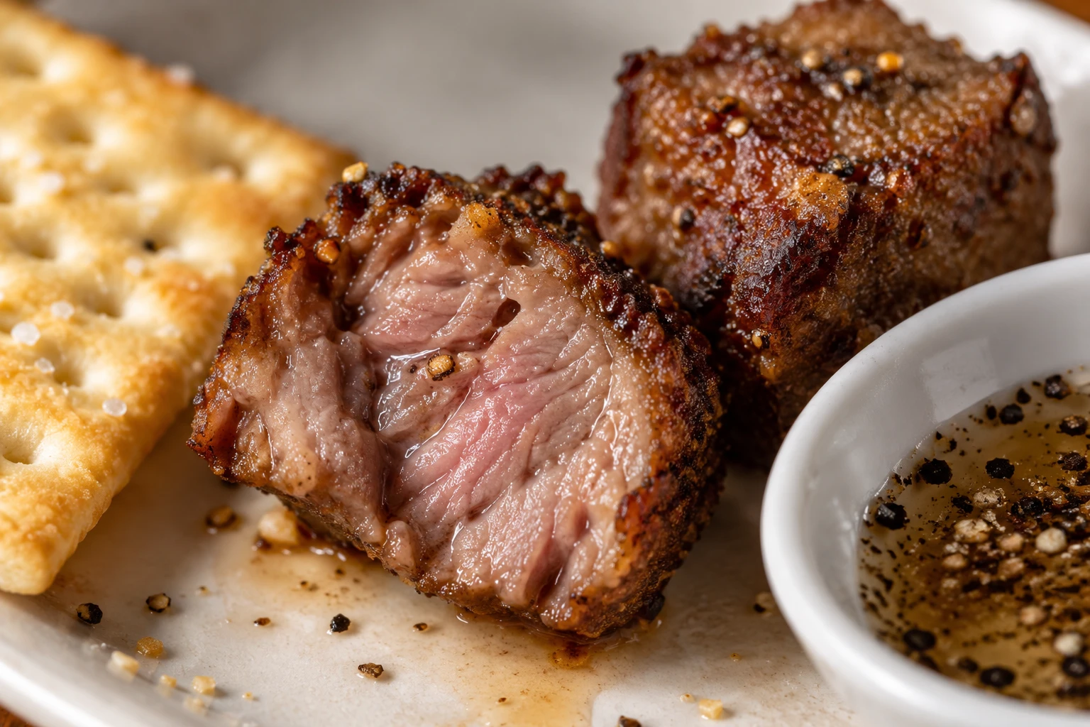 A browned lamb cube reveals a juicy center beside a saltine and vinegar-pepper dip.