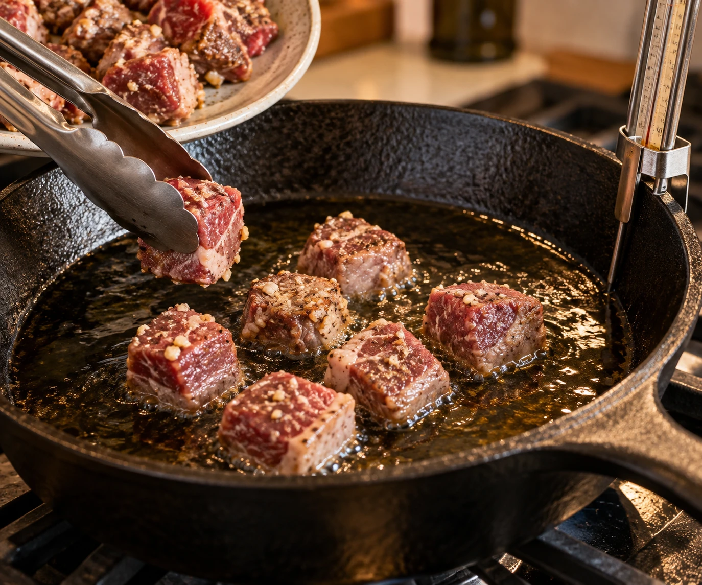 A small batch of garlic-seasoned lamb cubes fries in a thermometer-controlled heavy skillet.