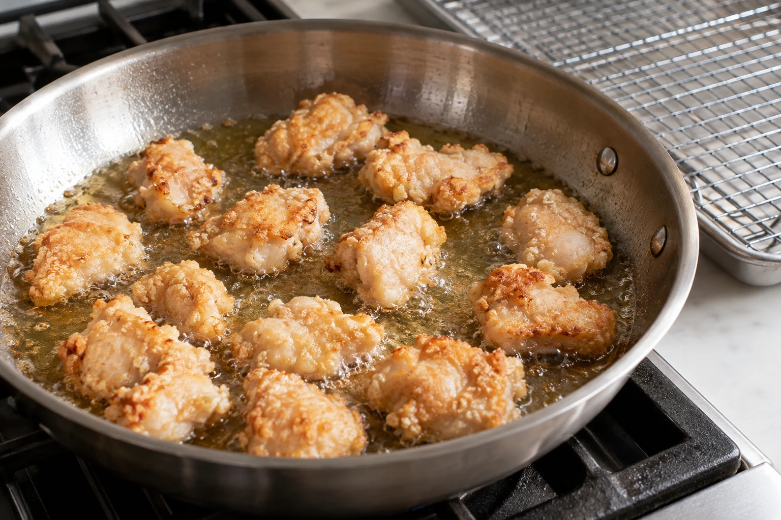 Chicken pieces fry in a single layer as their cornstarch coating turns golden in a skillet.