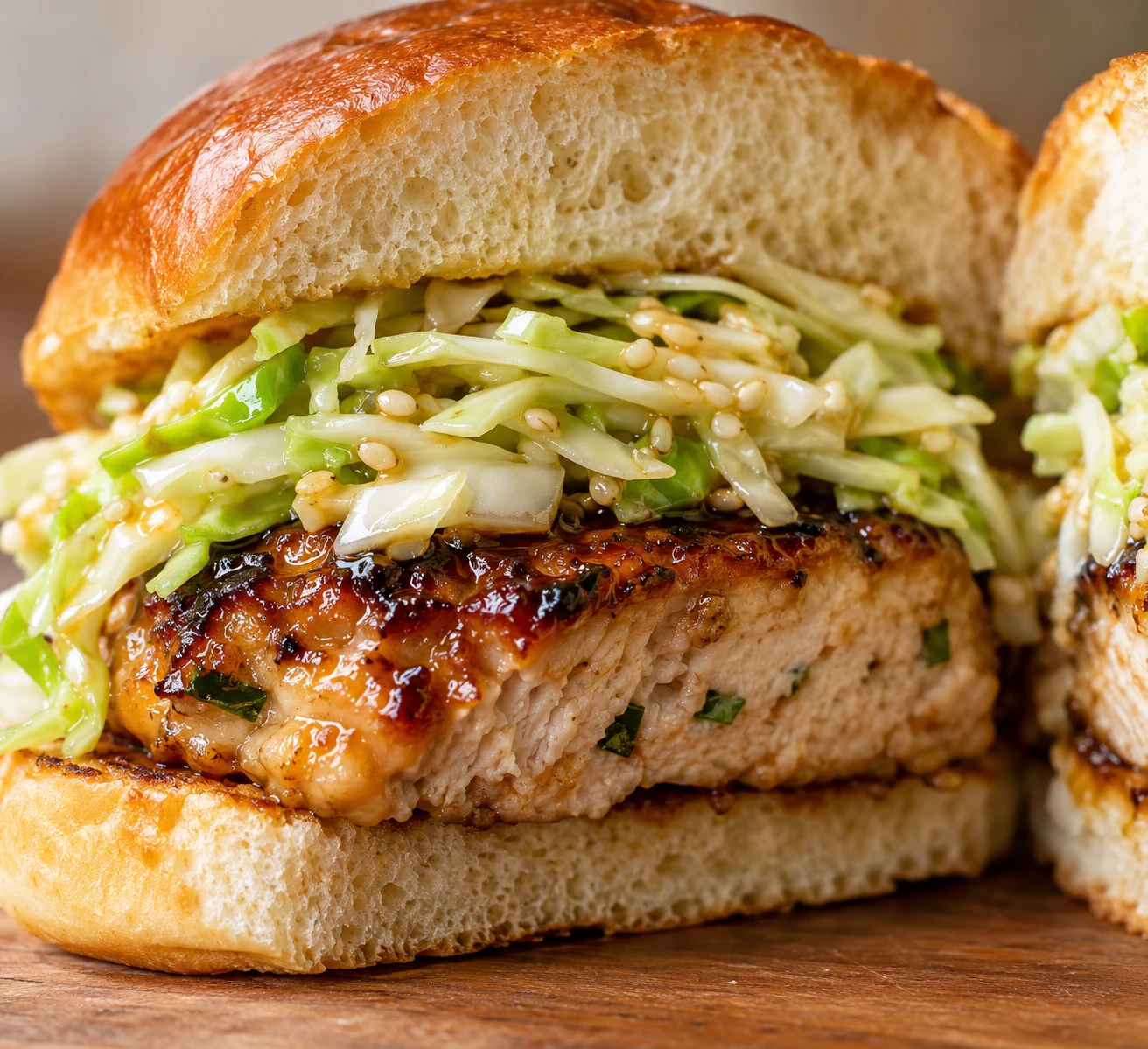 The cut burger shows a juicy glazed chicken patty layered with crisp sesame cabbage.