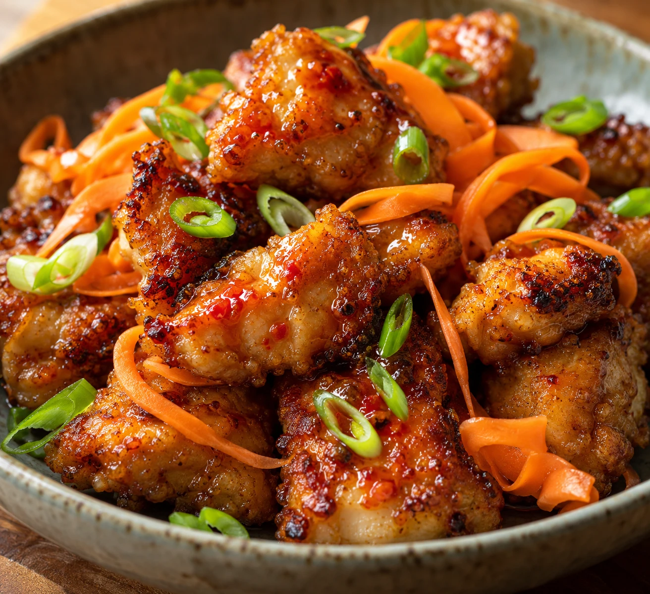 Golden chicken bites show crisp edges beneath a thin gochujang glaze beside glossy carrot ribbons.