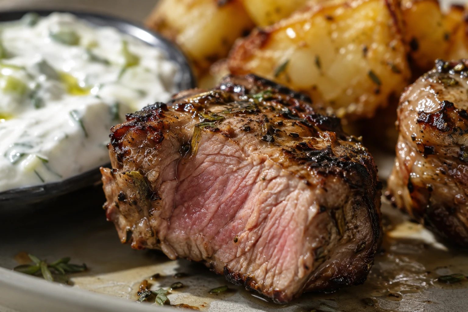 A lamb souvlaki cube has browned oregano-flecked edges and a juicy rosy center beside tzatziki.