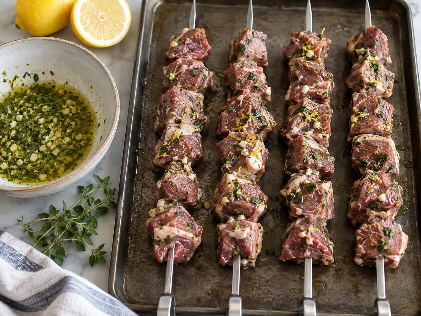 Lemon and oregano marinated lamb cubes sit evenly spaced on four metal skewers before cooking.