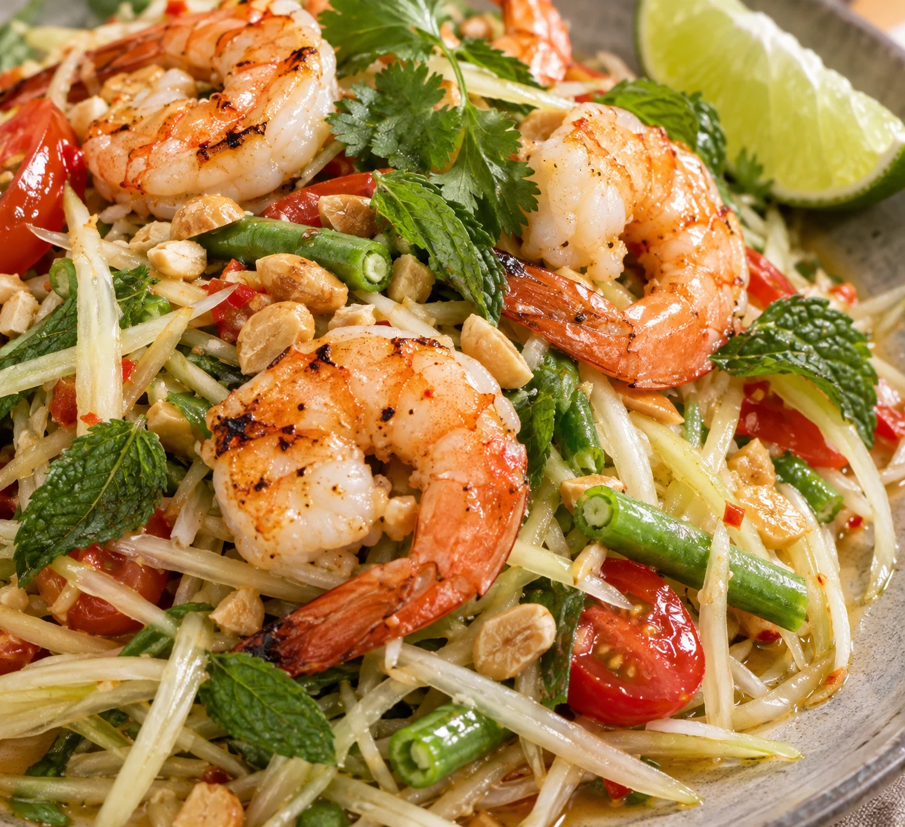 Opaque grilled shrimp, papaya strands, herbs, and chopped peanuts show the salad's finished textures.