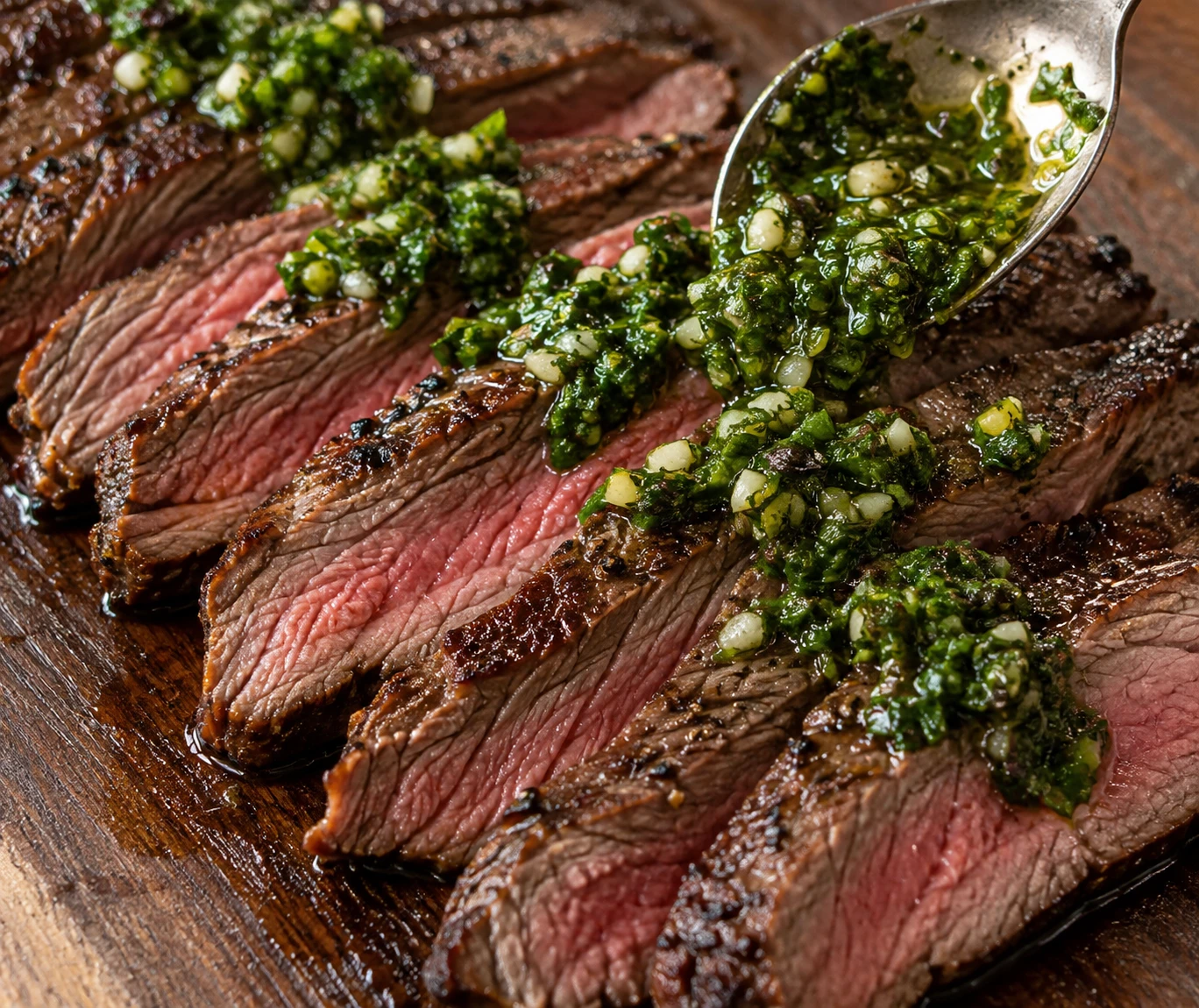 Thin flank steak slices show a rosy center, browned crust, short fibers, and chunky green chimichurri.