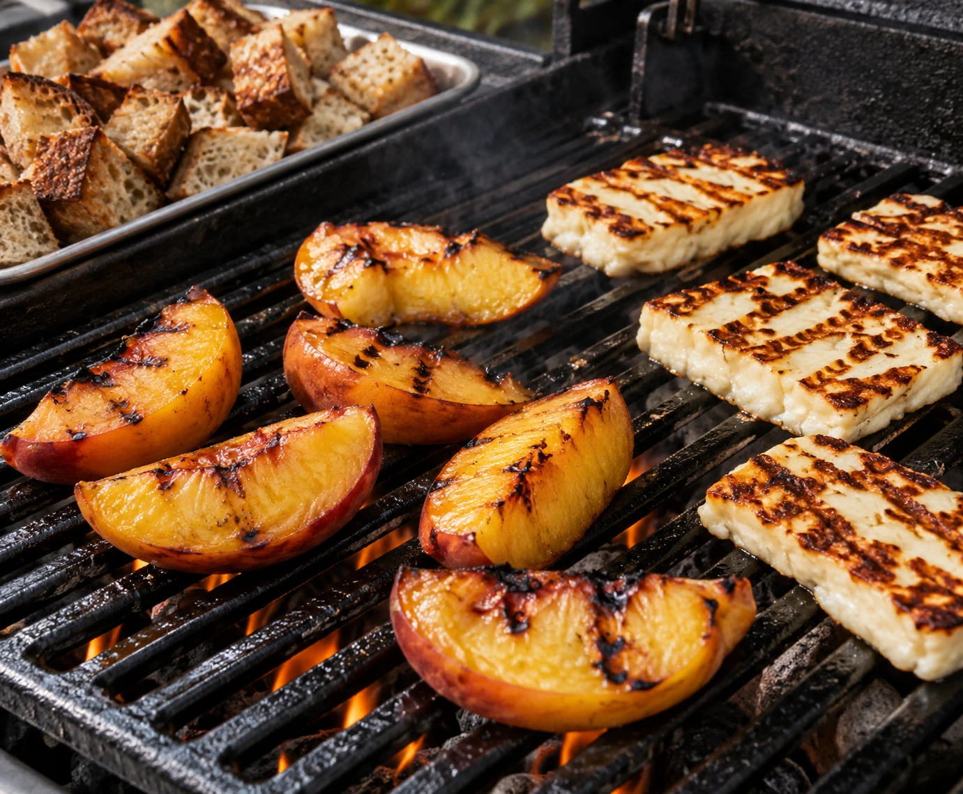 Peach wedges and halloumi slabs brown beside crisp sourdough at the grill.
