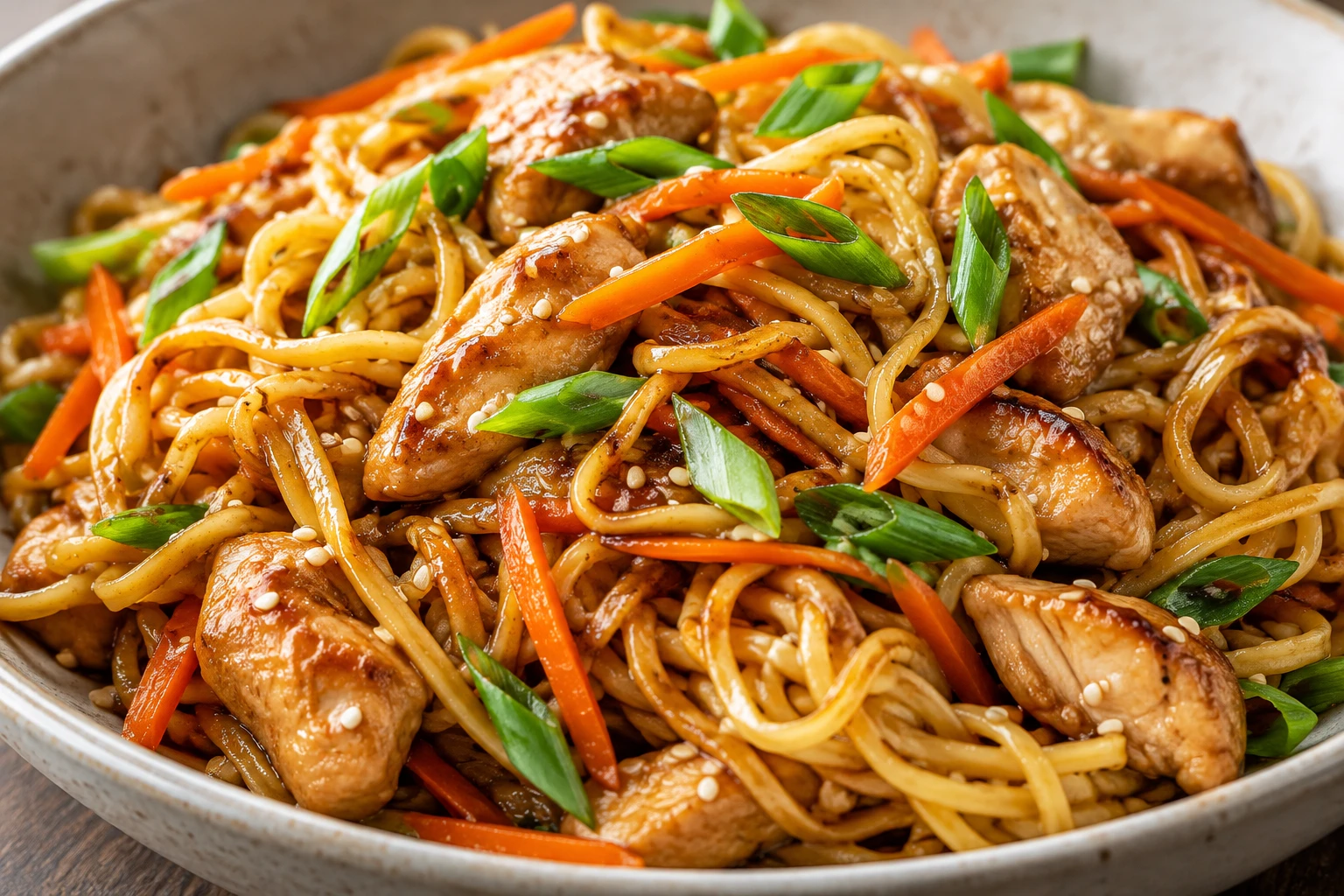 A light hoisin glaze coats springy noodles, browned chicken, crisp carrots, and sesame.