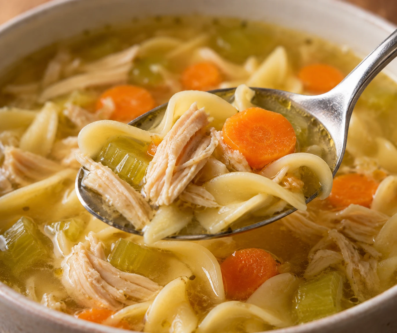 A spoonful of clear chicken noodle soup shows shredded chicken, vegetables, and tender noodles.