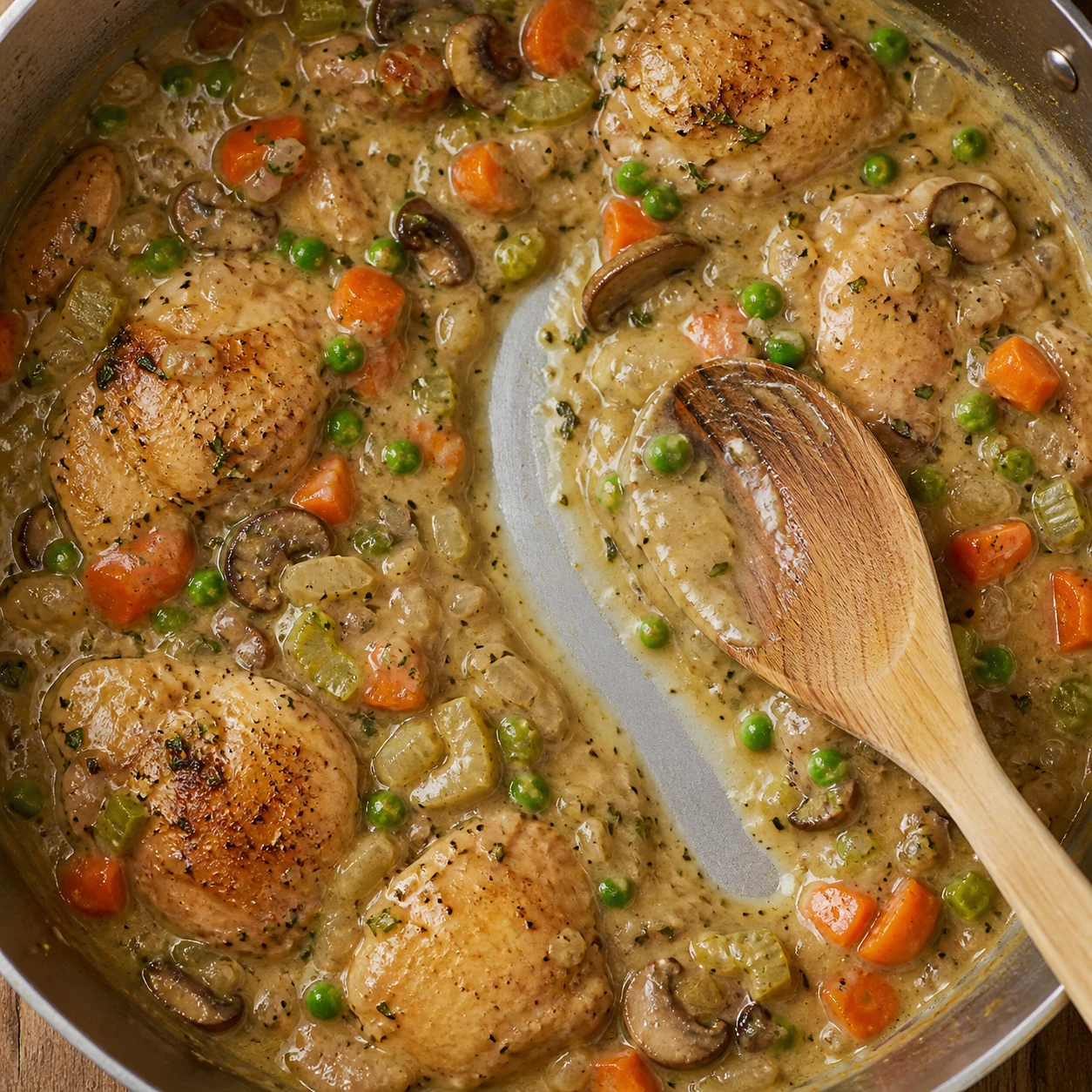 A spoon leaves a clear trail through the thick chicken, mushroom, and vegetable filling in a skillet.