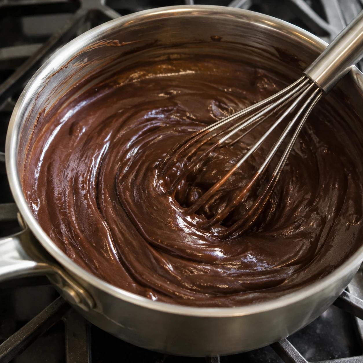 A whisk stirs thick glossy chocolate pudding in a stainless steel saucepan as smooth trails form.