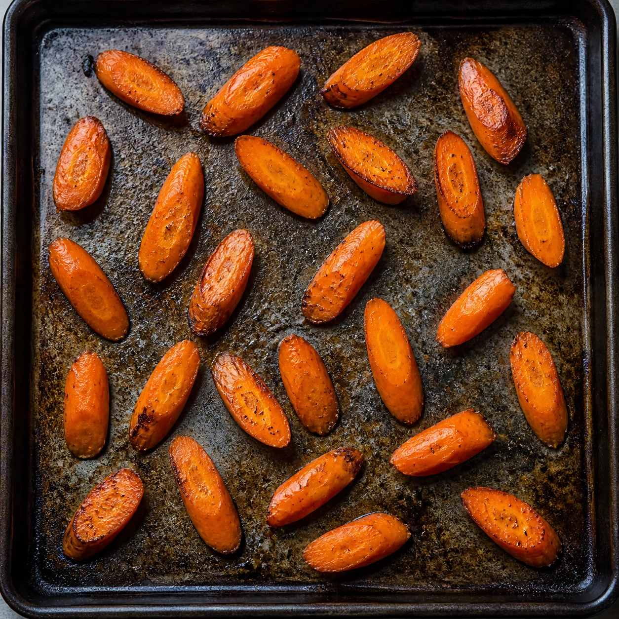 Carrot pieces roast in a single layer on a dark sheet pan, with browned cut edges beginning to form.