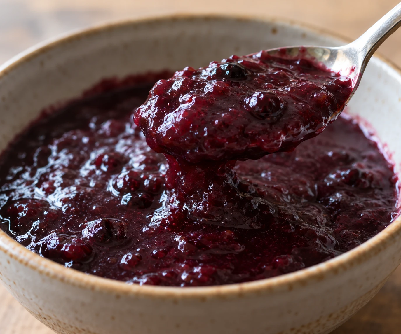 A spoon lifts glossy chokecherry wóžapi with a thick but softly settling texture.