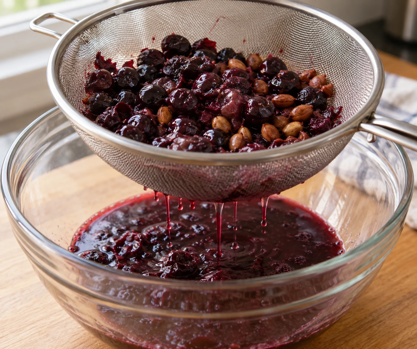 Softened chokecherries drain through a fine strainer while intact pits remain in the mesh.