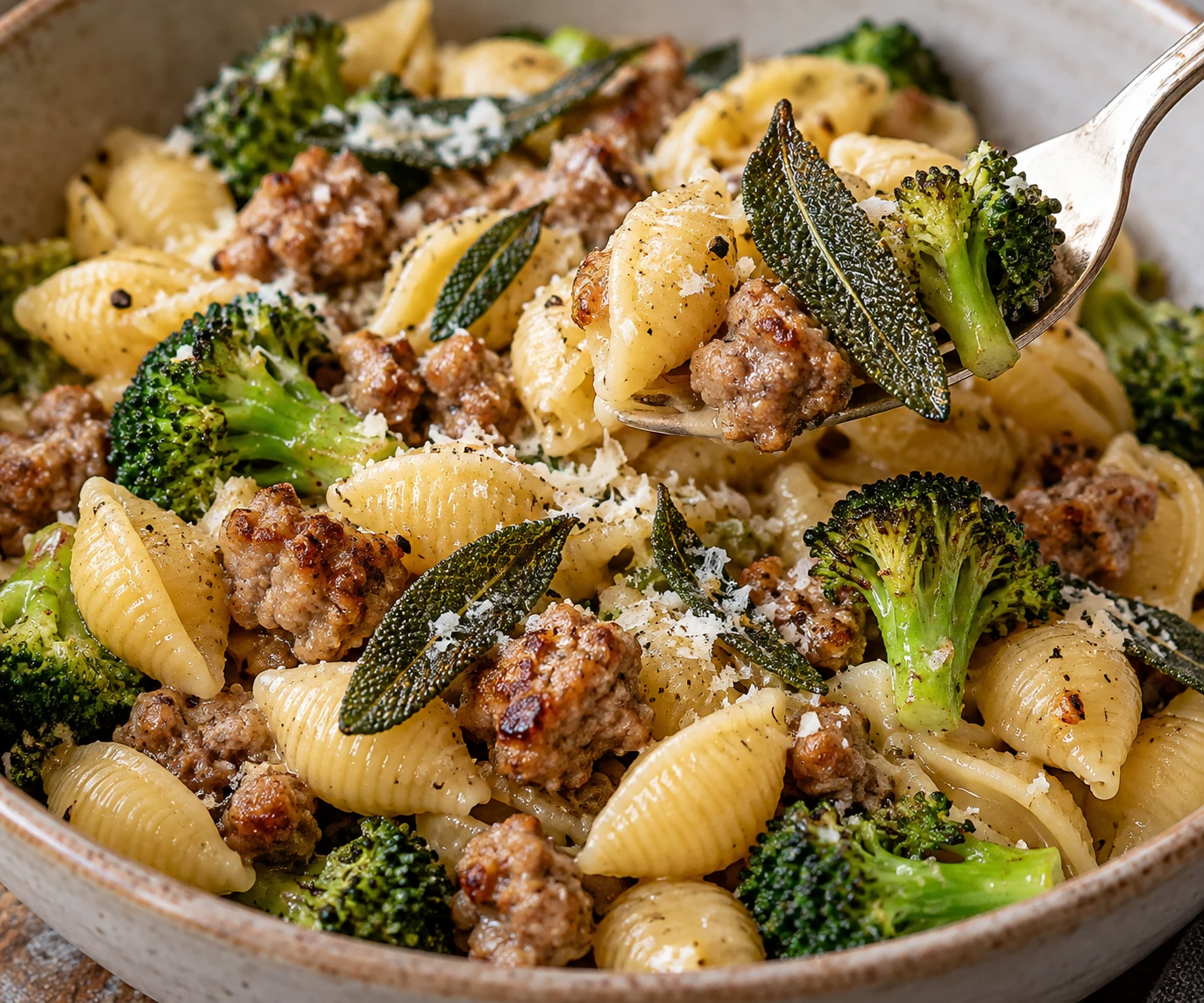 Crisp sage and Parmesan finish glossy shells, sausage, and bright broccoli.