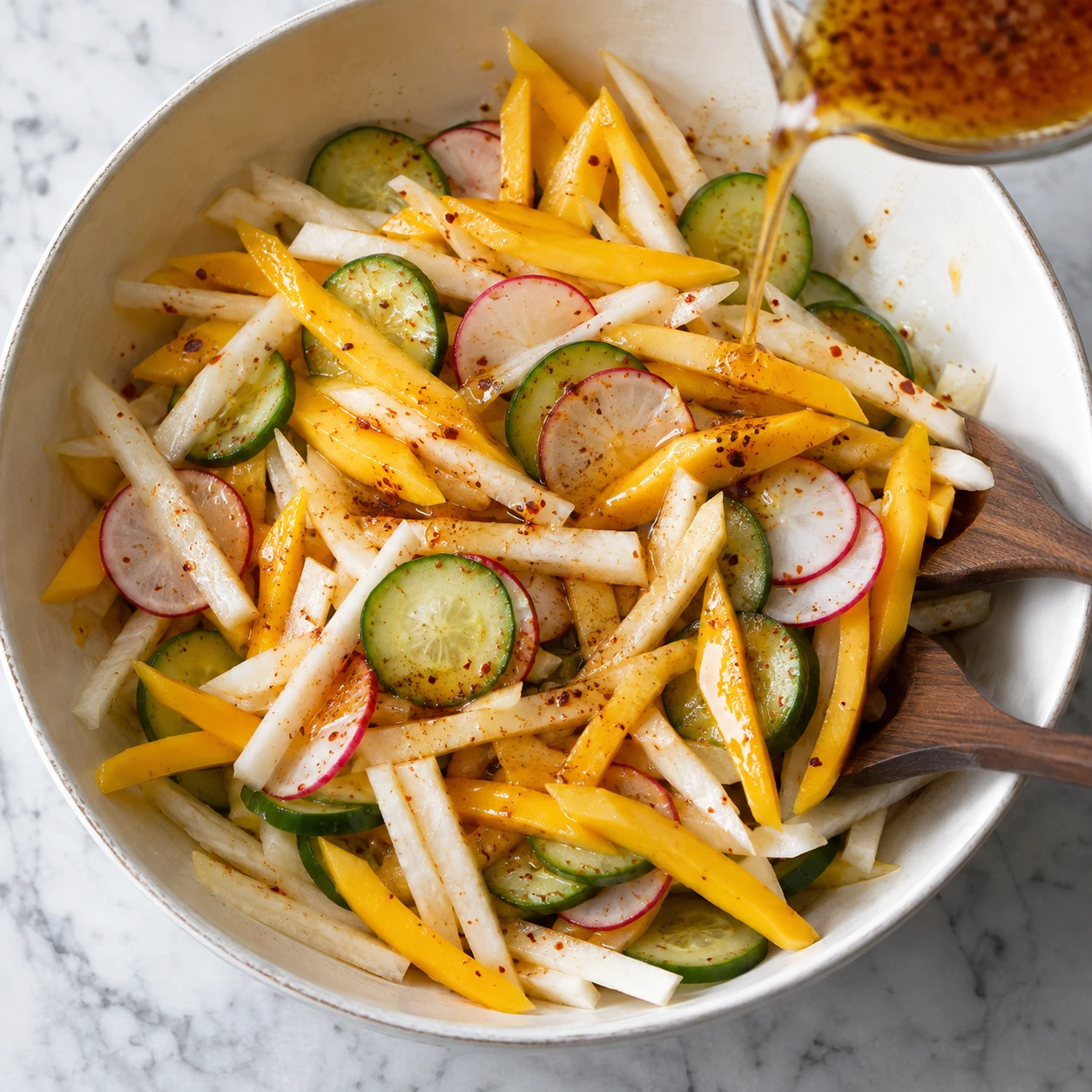 Matchstick jicama and mango are mixed with thin cucumber and radish slices before serving.