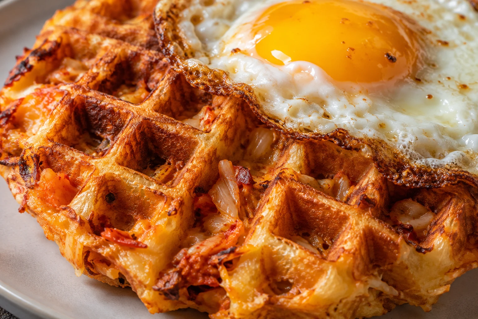 Crisp waffle ridges with set cheese and kimchi sit beneath a fried egg.