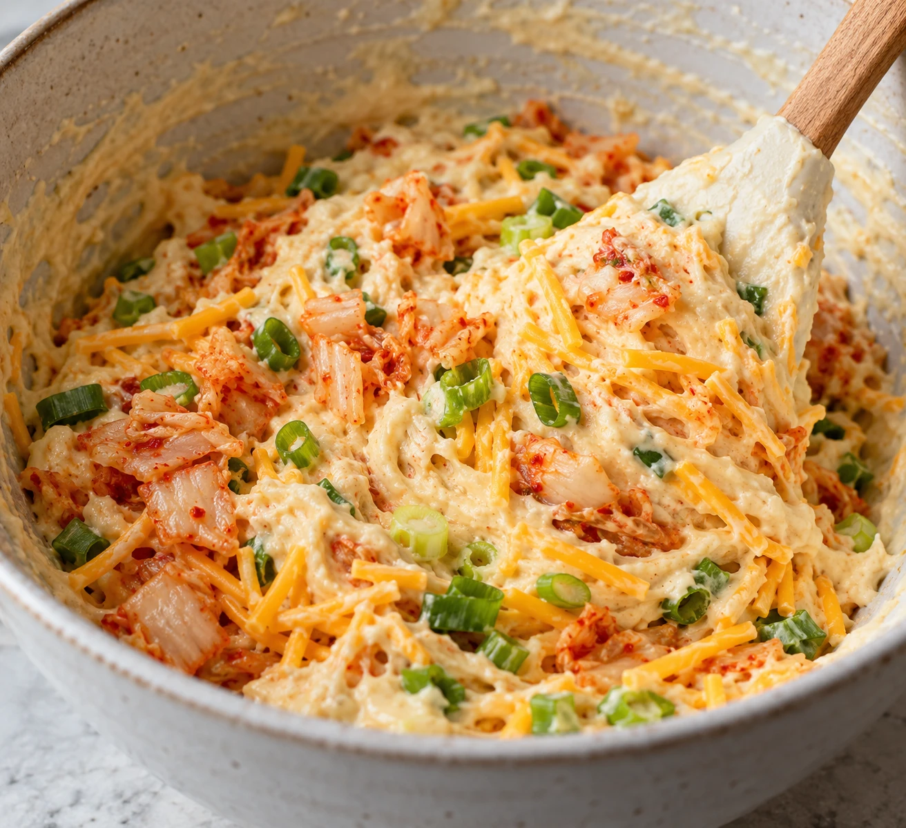 Chopped kimchi, scallions, and grated cheddar are folded into a thick waffle batter.