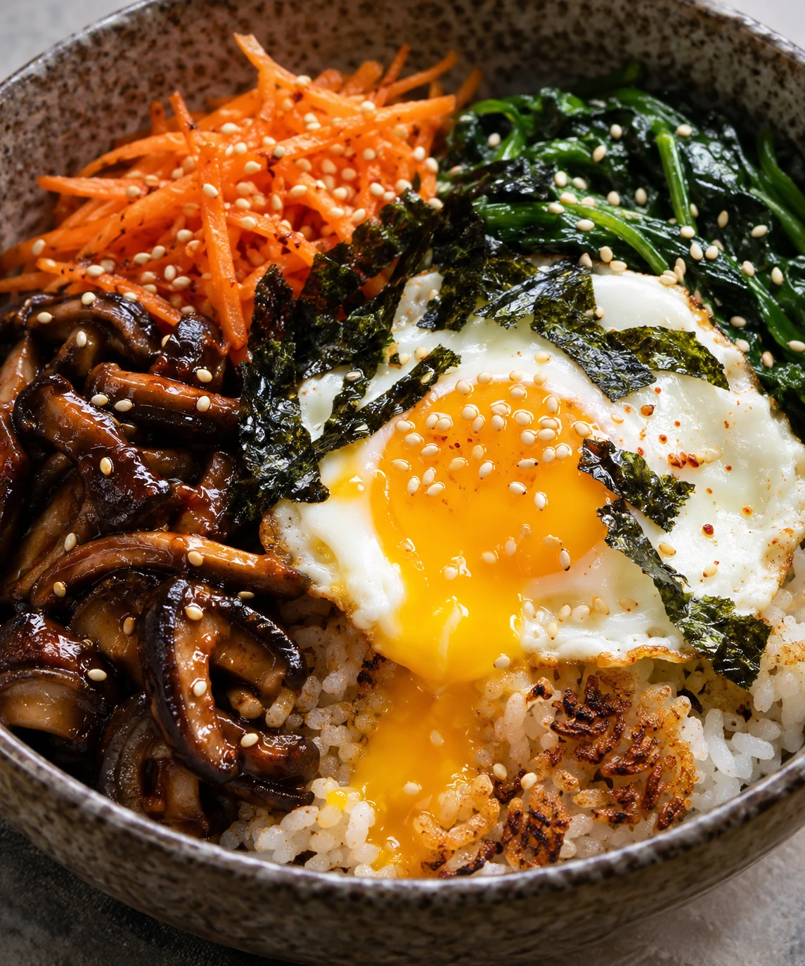 Runny egg yolk coats crisp rice beside glossy mushrooms, spinach, carrots, sesame seeds, and toasted seaweed.