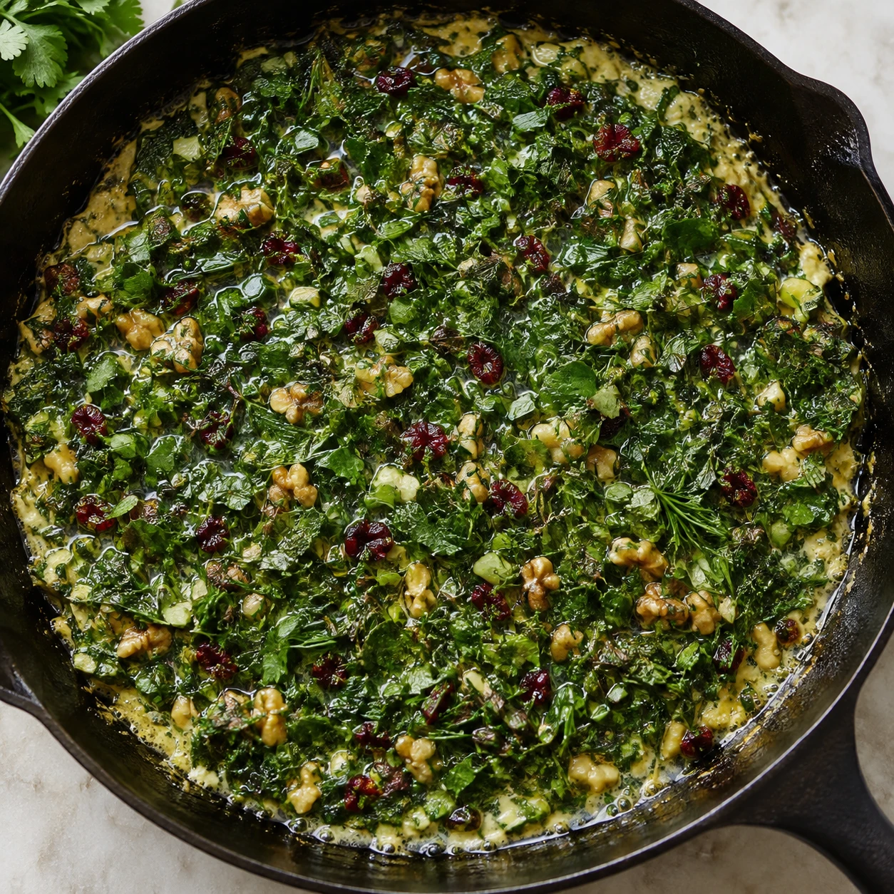 A dense green herb and egg mixture begins to set around the edge of an oiled ovenproof skillet.