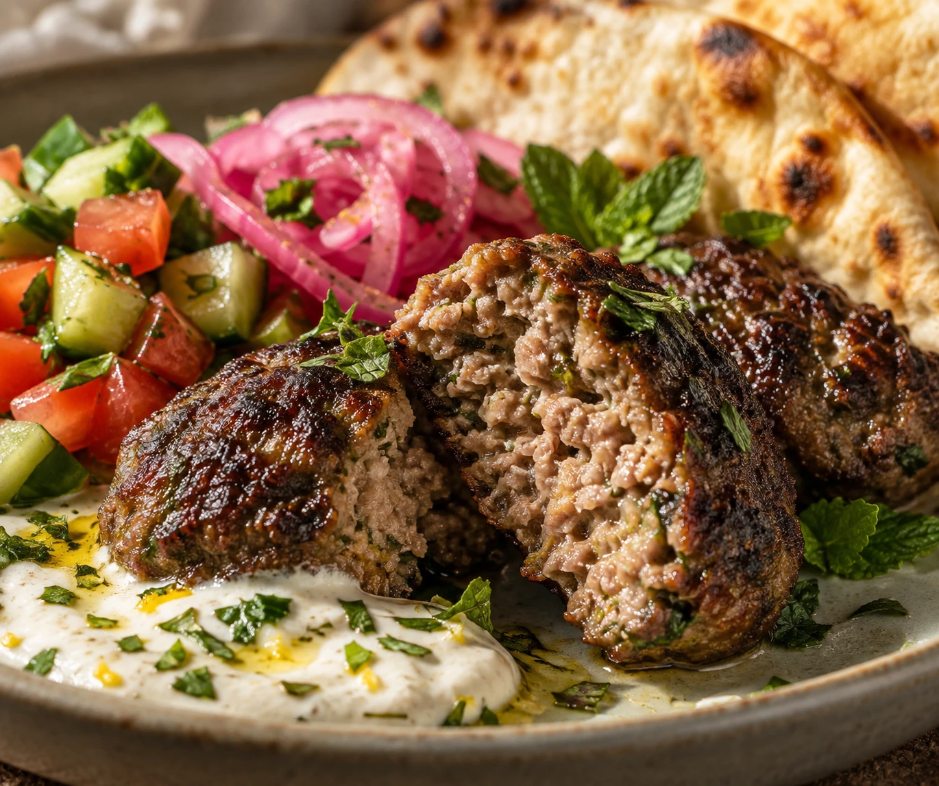 A browned lamb kofta reveals a juicy center beside creamy tahini yogurt, crisp salad, and pickled onion.