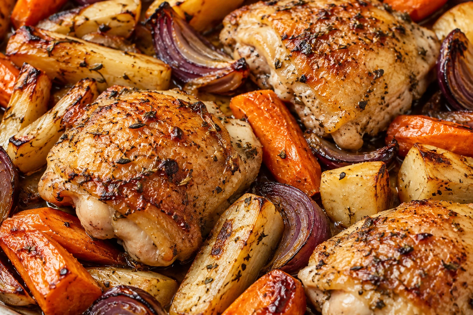 Lightly glazed chicken skin and browned carrot, parsnip, and onion edges show the finished texture.
