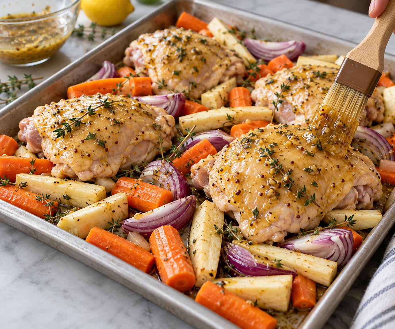 A brush coats chicken thighs with lemon-Dijon glaze above carrots, parsnips, and onion.