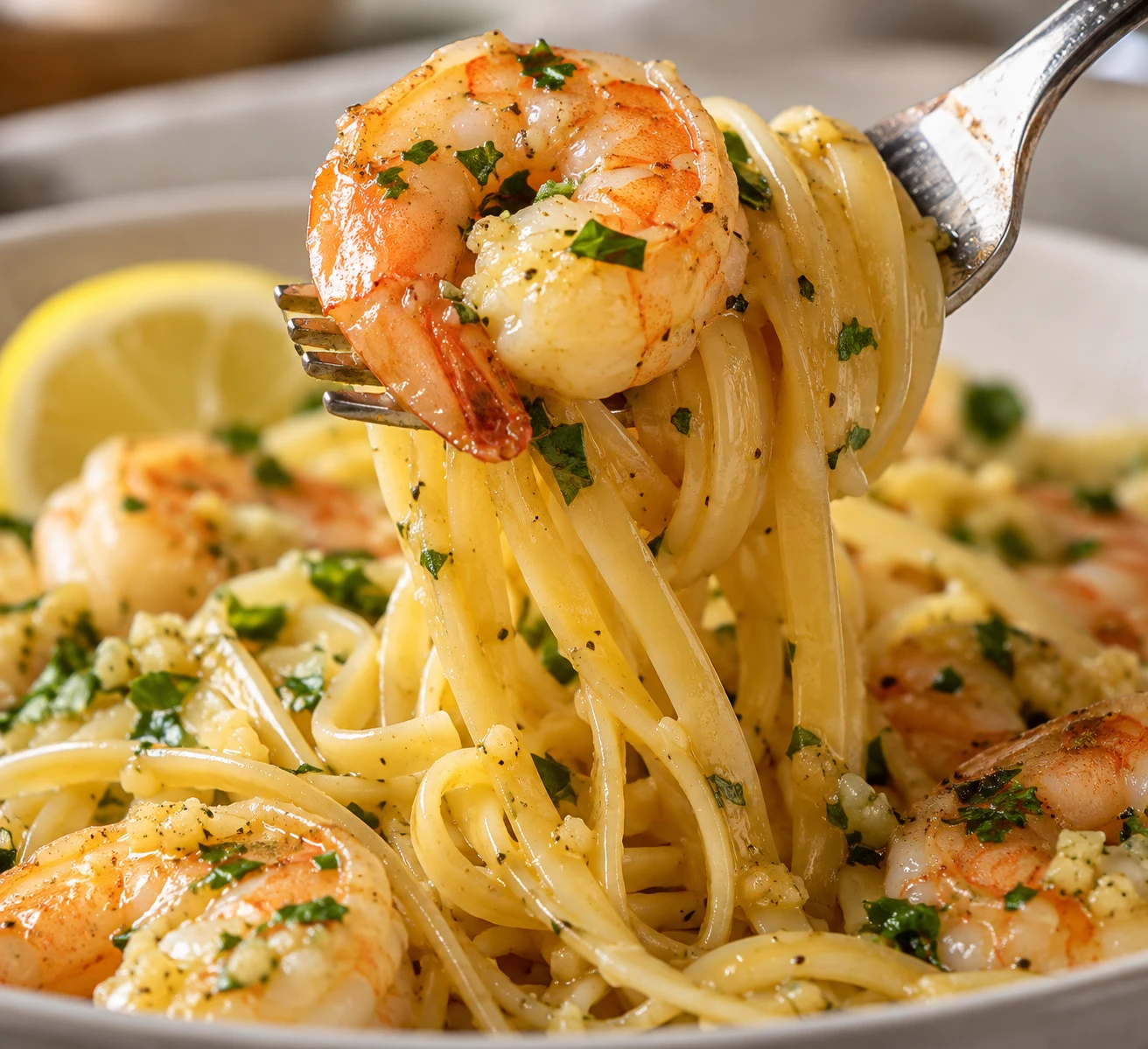 A fork lifts glossy linguine and a tender shrimp coated in lemon-garlic sauce.