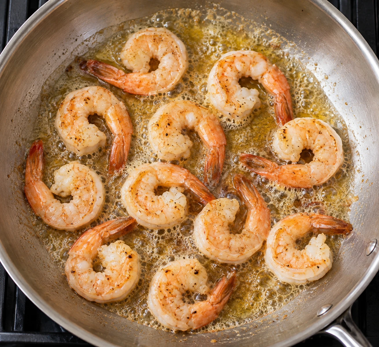 Large shrimp sear in foaming butter and olive oil in a wide skillet.