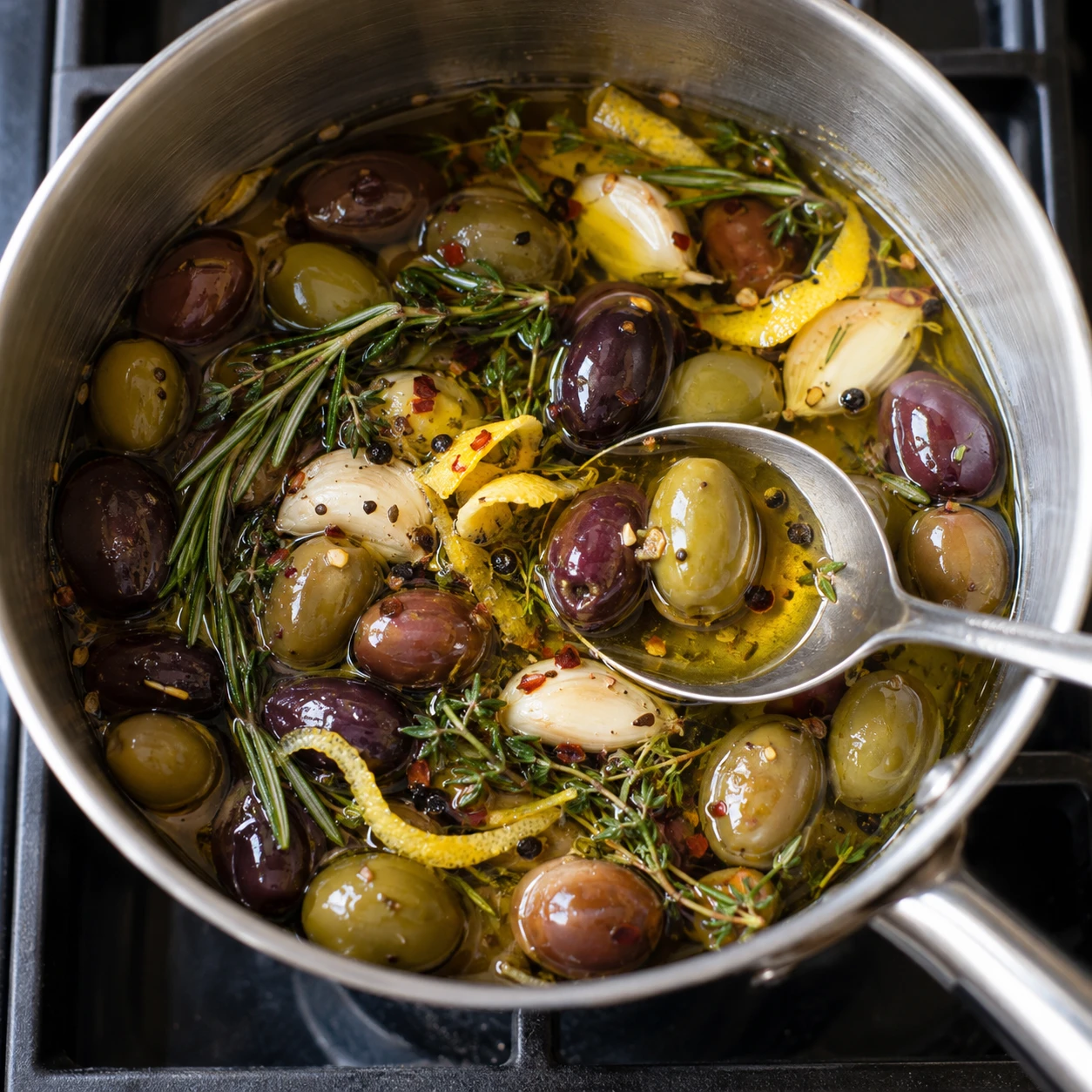 Olives are gently stirred with lemon zest, garlic, and herb sprigs in shimmering oil.