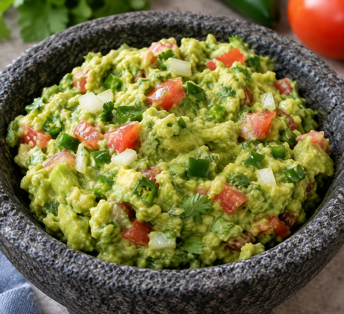 A close view of creamy avocado chunks mixed with tomato, white onion, cilantro, and jalapeño in finished guacamole.