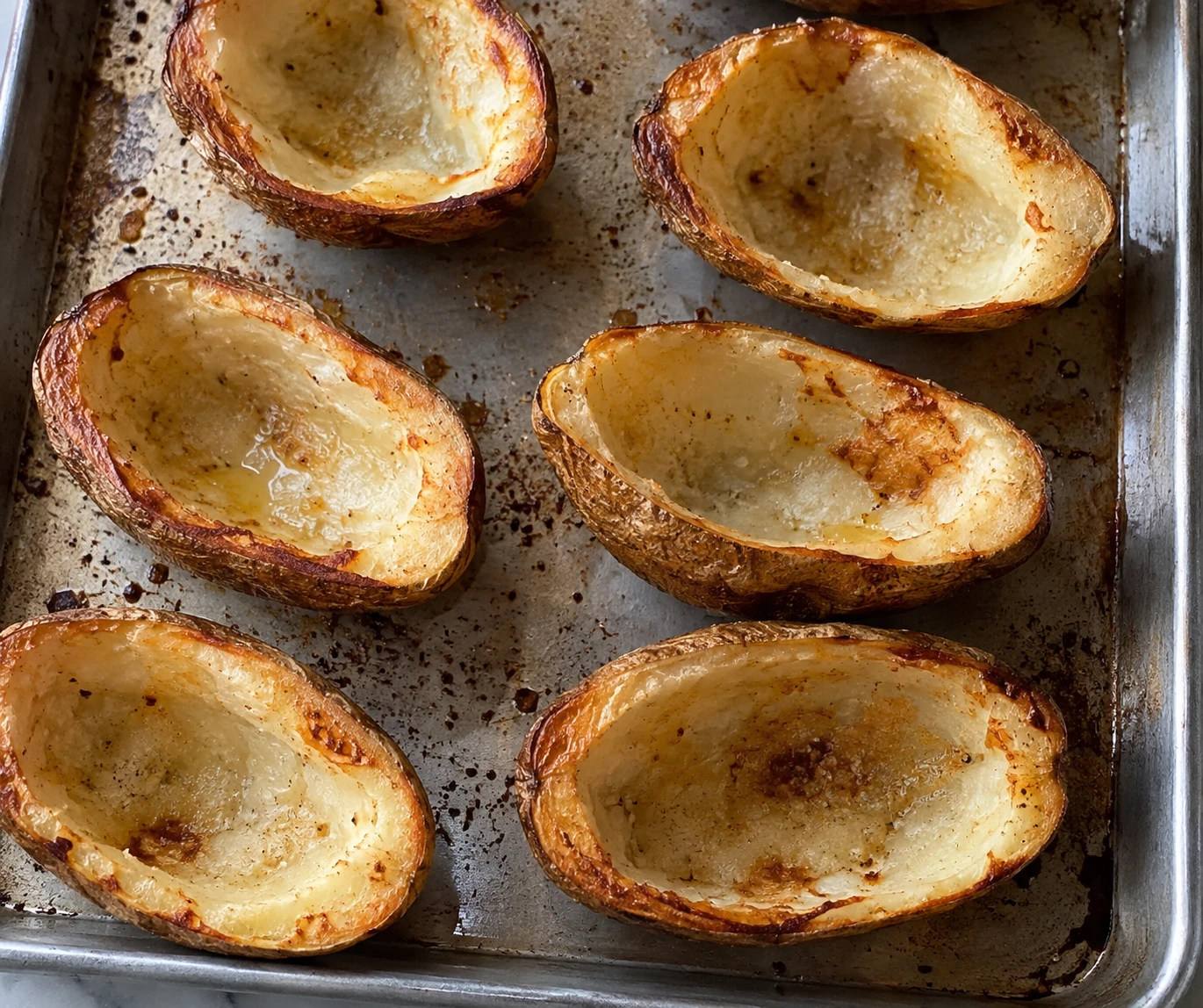 Scooped russet potato shells sit cut-side down on a rimmed pan before they are crisped and filled.
