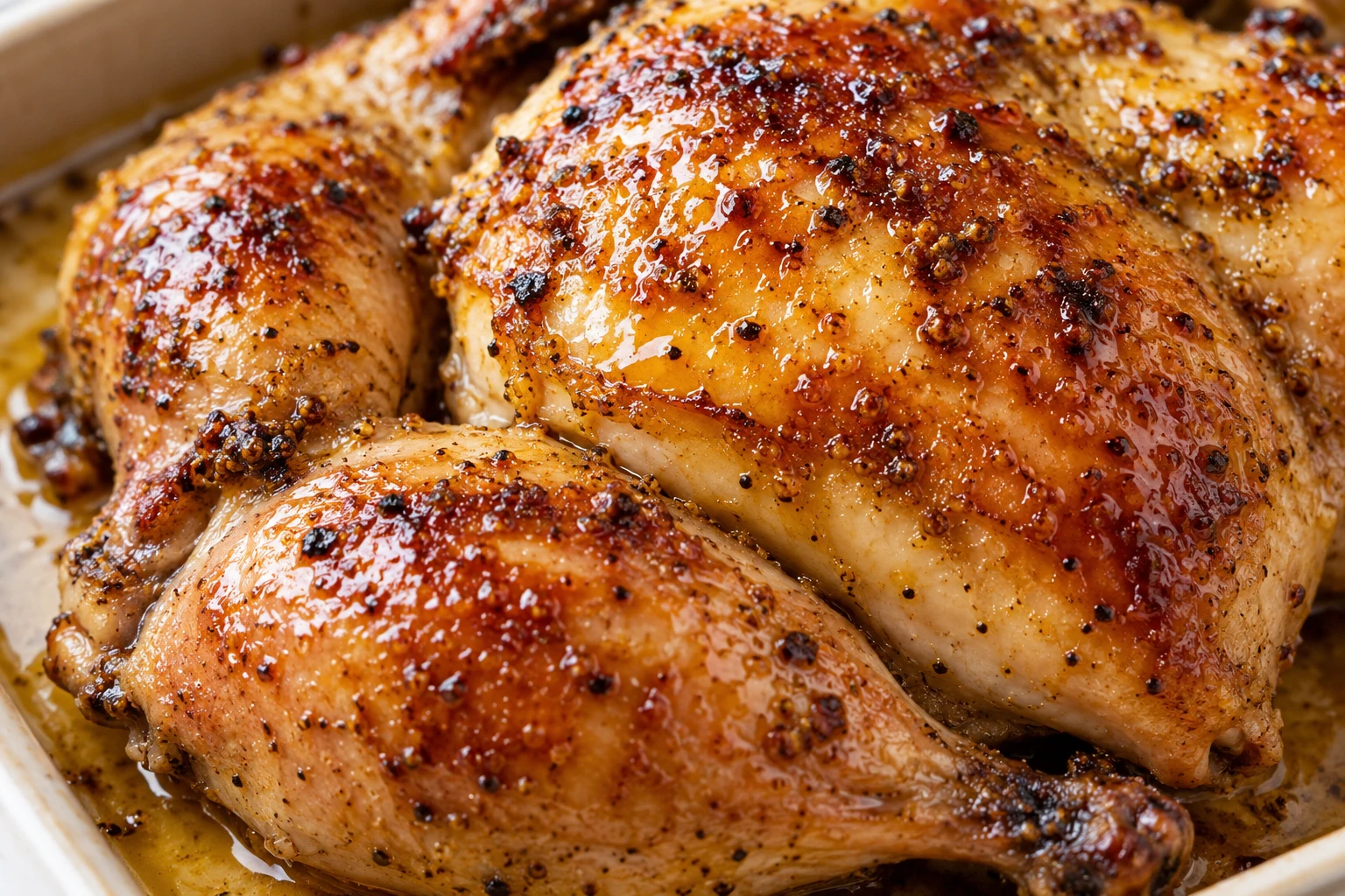 Close detail shows crisp chicken skin beneath a glossy amber maple-mustard glaze.