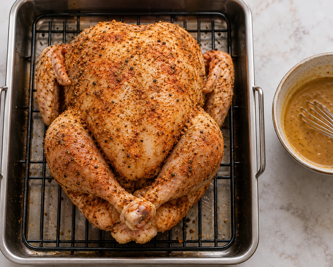 A spice-coated whole chicken rests breast side up on a rack before roasting and glazing.
