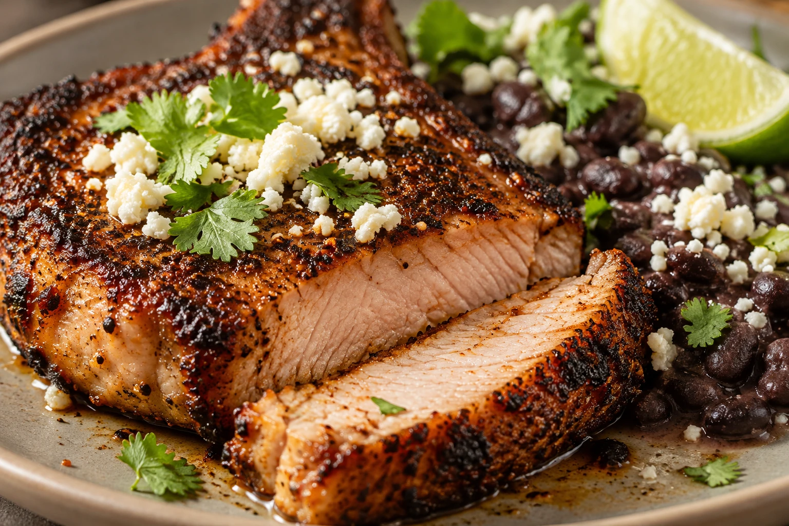 A deeply browned pork chop is topped with Cotija and cilantro beside lime-finished black beans.