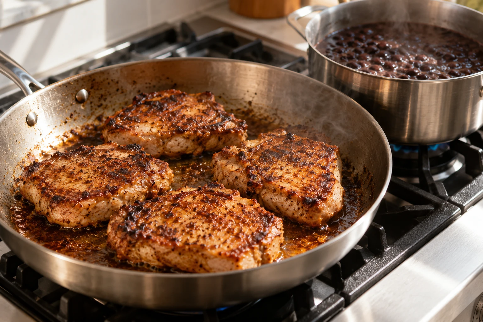 Seasoned pork chops sear in a skillet beside a saucepan of gently simmering black beans.