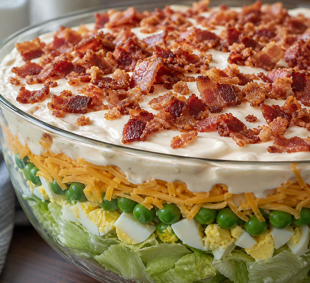 Crisp bacon tops a smooth creamy dressing cap while colorful layers show through the glass.