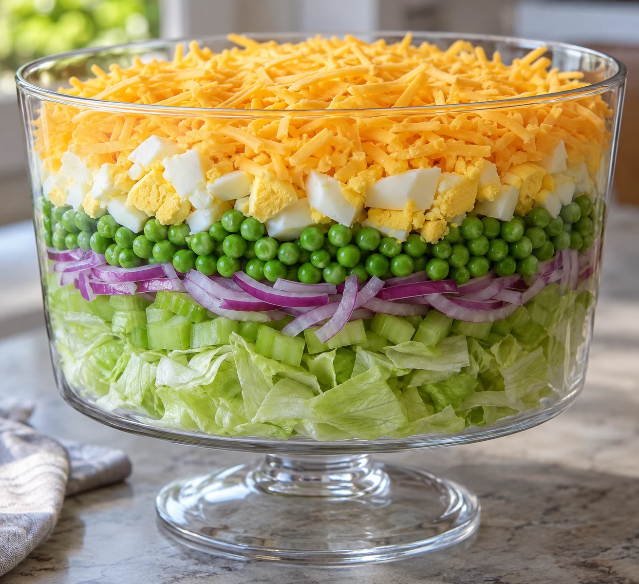 Distinct lettuce, celery, onion, pea, egg, and cheddar bands fill a clear bowl before dressing.